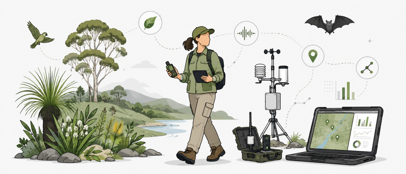 Persona en un entorno natural utilizando tecnología para monitorear el ecosistema.