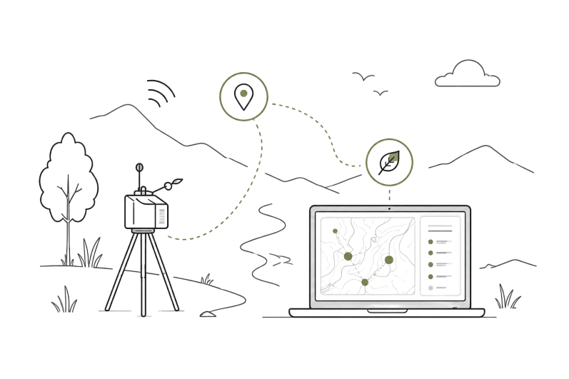 Ilustración de un equipo de geolocalización conectado a una computadora en un paisaje montañoso.