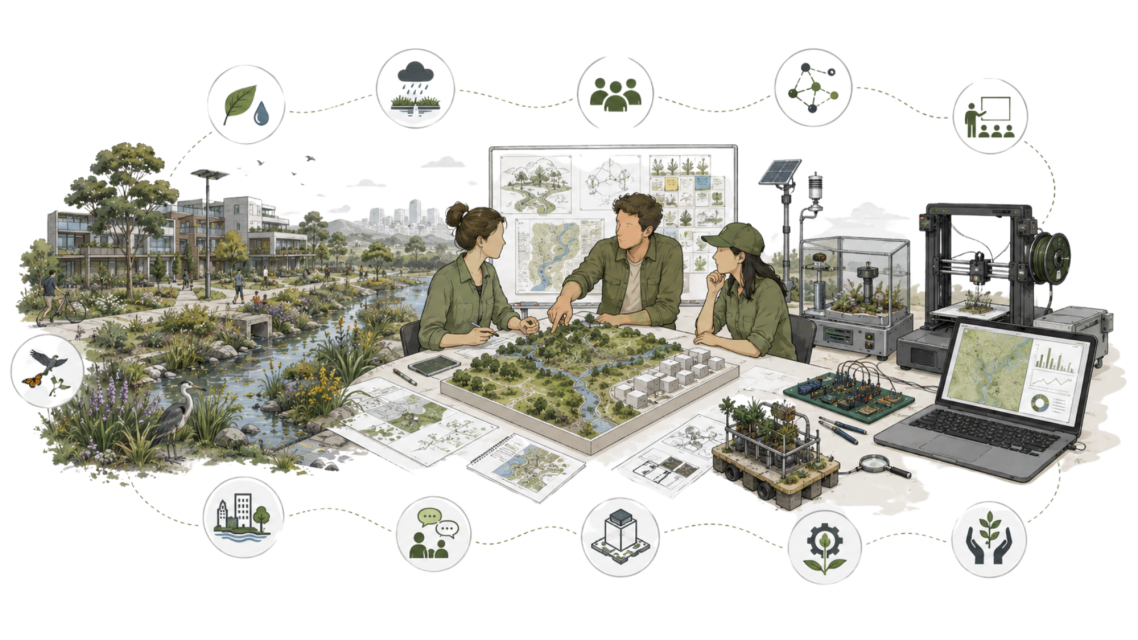 Tres personas analizan un modelo de paisaje urbano sostenible rodeado de iconos ecológicos.