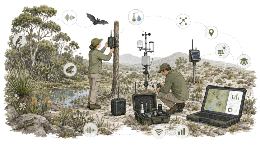 Investigadores monitorean fauna con tecnología en un paisaje natural.
