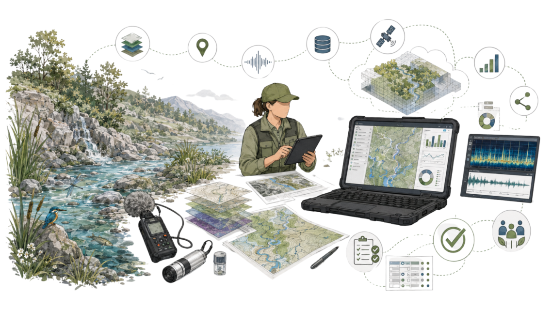 Mujer analizando mapas junto a un río, con equipo tecnológico y herramientas de investigación.
